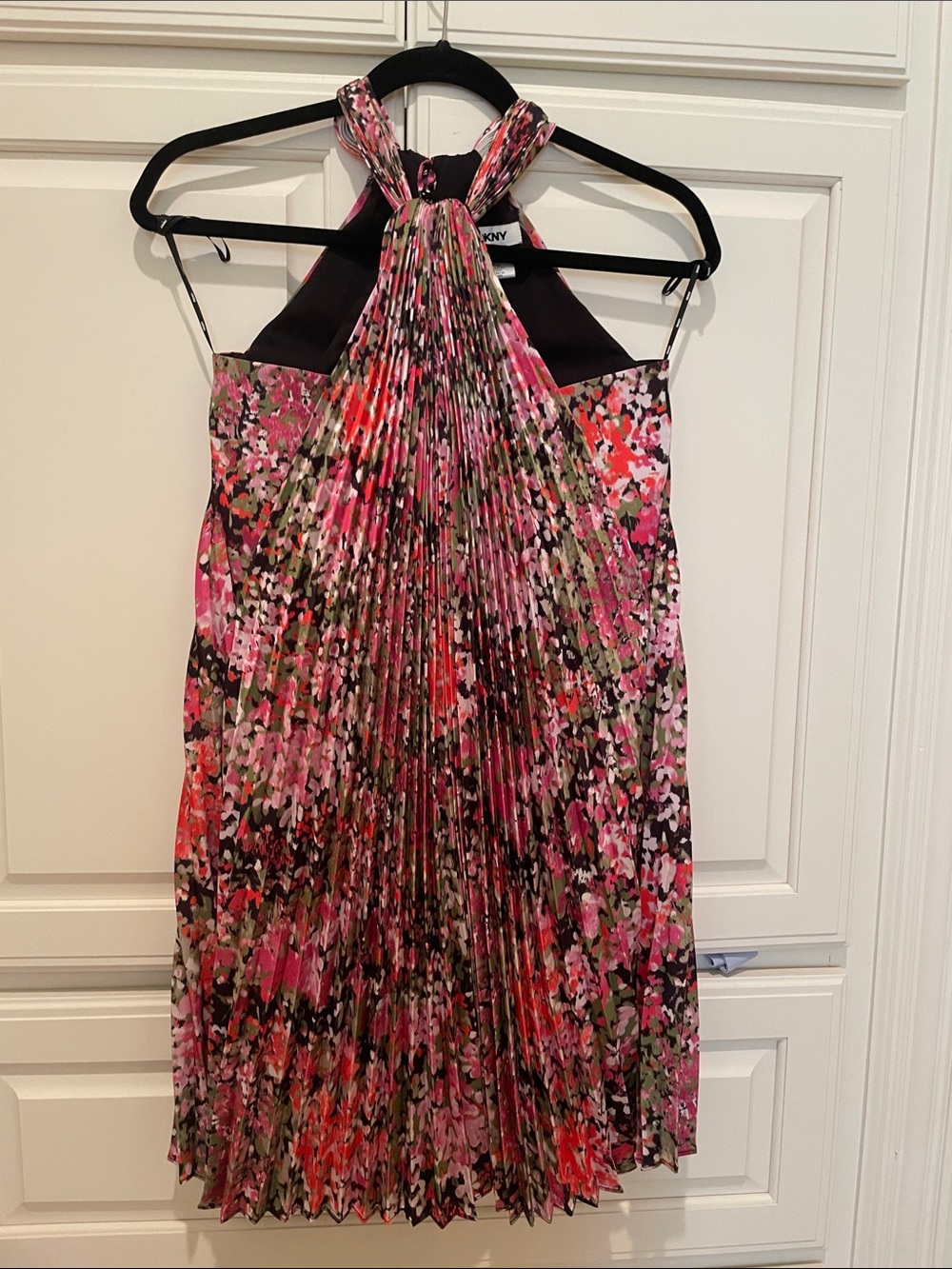 DKNY Pink Floral Pleated Halter Dress with Black Accents